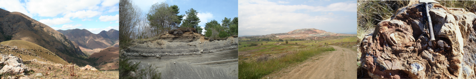 Photos de terrain à Barberton, Afrique du Sud, été 2010; Massif Central, printemps 2010; Chypre, printemps 2011; Pilbara, Australie, été 2000.
			Crédit photo: Nicolas Bost et Frances Westall.