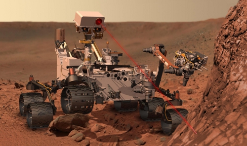 The Rover curiosity on the Martian surface. Credit: NASA.