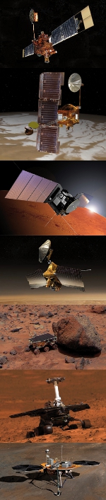 Missions passées vers Mars: vue d’artiste de différentes sondes martiennes. 
		De haut en bas : Mars Global Surveyor, Mars Odyssey, Mars Express, Mars Reconnaissance Orbiter, Sojourner-Pathfinder, Mars Exploration Rover, et Phoenix. Crédits: NASA, JPL, ESA.
